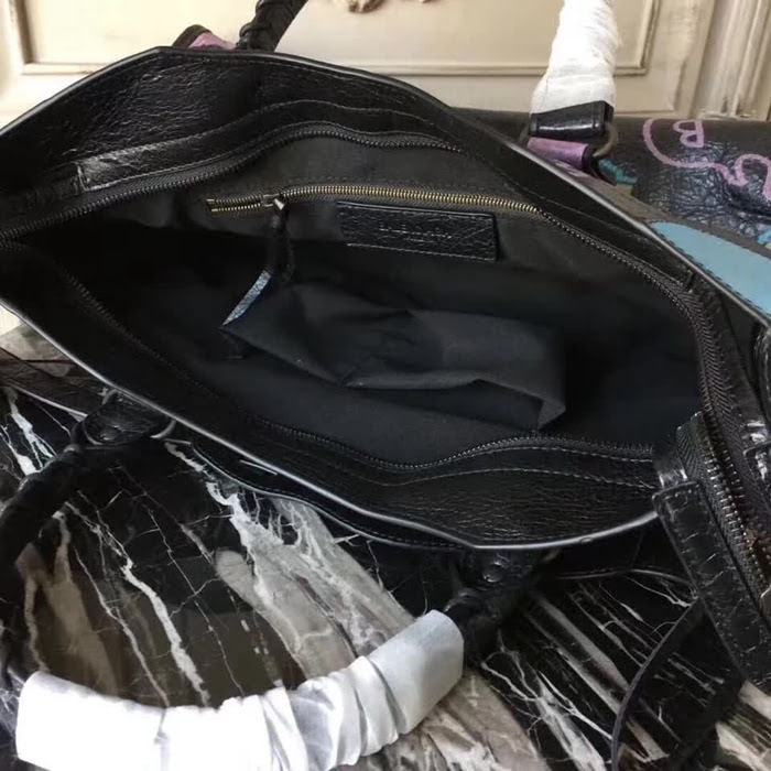 BALENCIAG巴黎世家 Graffiti Classic City38cm機車包 義大利爆裂紋羊皮 手繪彩色塗鴉 手提肩背斜挎包  BL1467